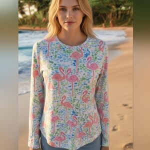 NEW IBKUL Long Sleeve Crew Neck Flamingo Top Shirt